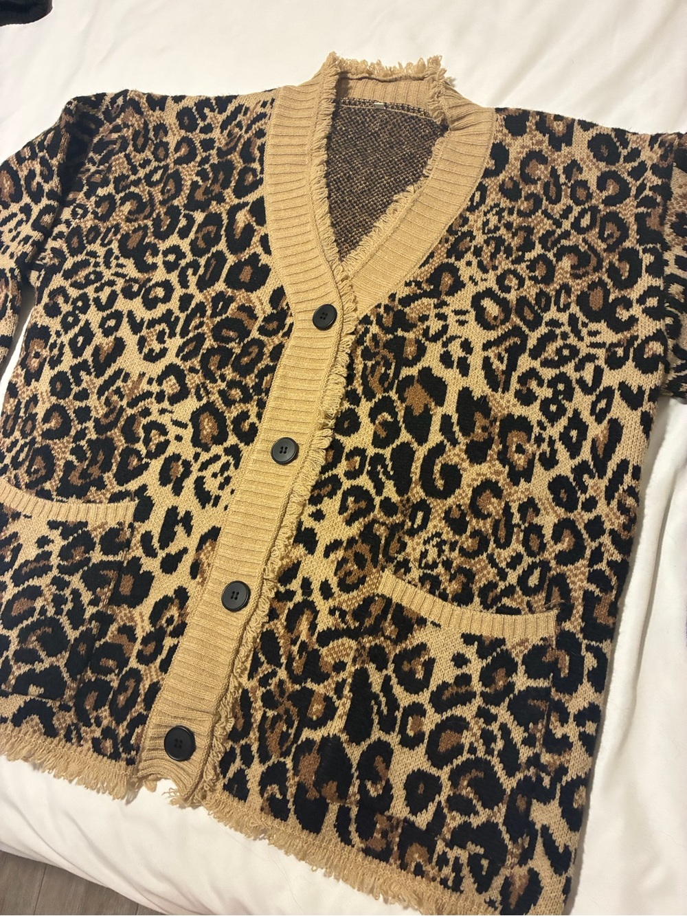 Leopard Print Button-Front Cardigan Sweater - Tan/Black size M/L - Picture 8 of 8